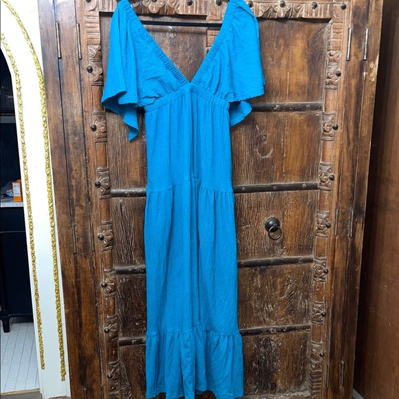 Turquoise Boho Maxi Dress | Flutter Sleeves Resort Vacation Dress | Size M - Picture 3 of 8